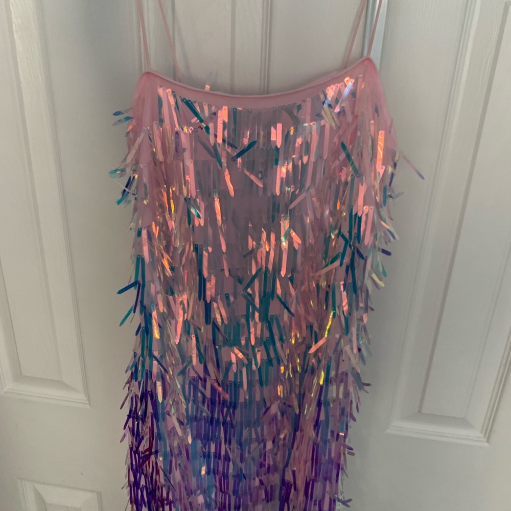 Pink iridescent confetti straight party dress